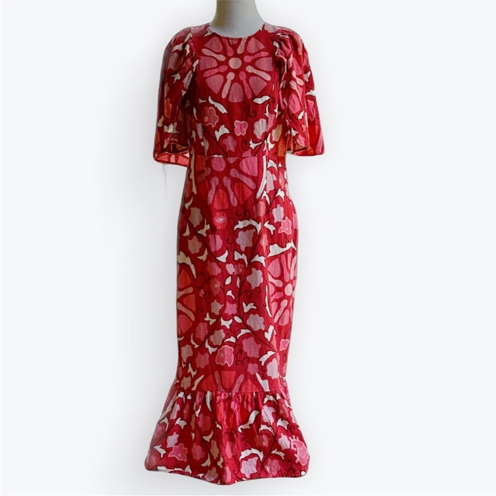 Rhode Midi Dress Red Zinnia Print Boho Bell Sleeve Ruffle Casual Linen Blend ~4